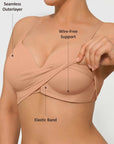 Beige bra with labeled features on a plain background