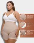 Woman wearing a beige shapewear product with feature highlights on a white background