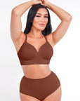 Woman wearing a brown bikini set on a white background