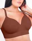 Brown bra worn by a model on a white background