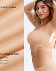 Woman wearing a beige shapewear product with 'Feelsoft Fabric' text and features on a plain background.
