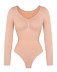 Marcella - Seamless Long Sleeve Thong Bodysuit with Chest Support & Tummy Control - Bella Fit USBlackXS