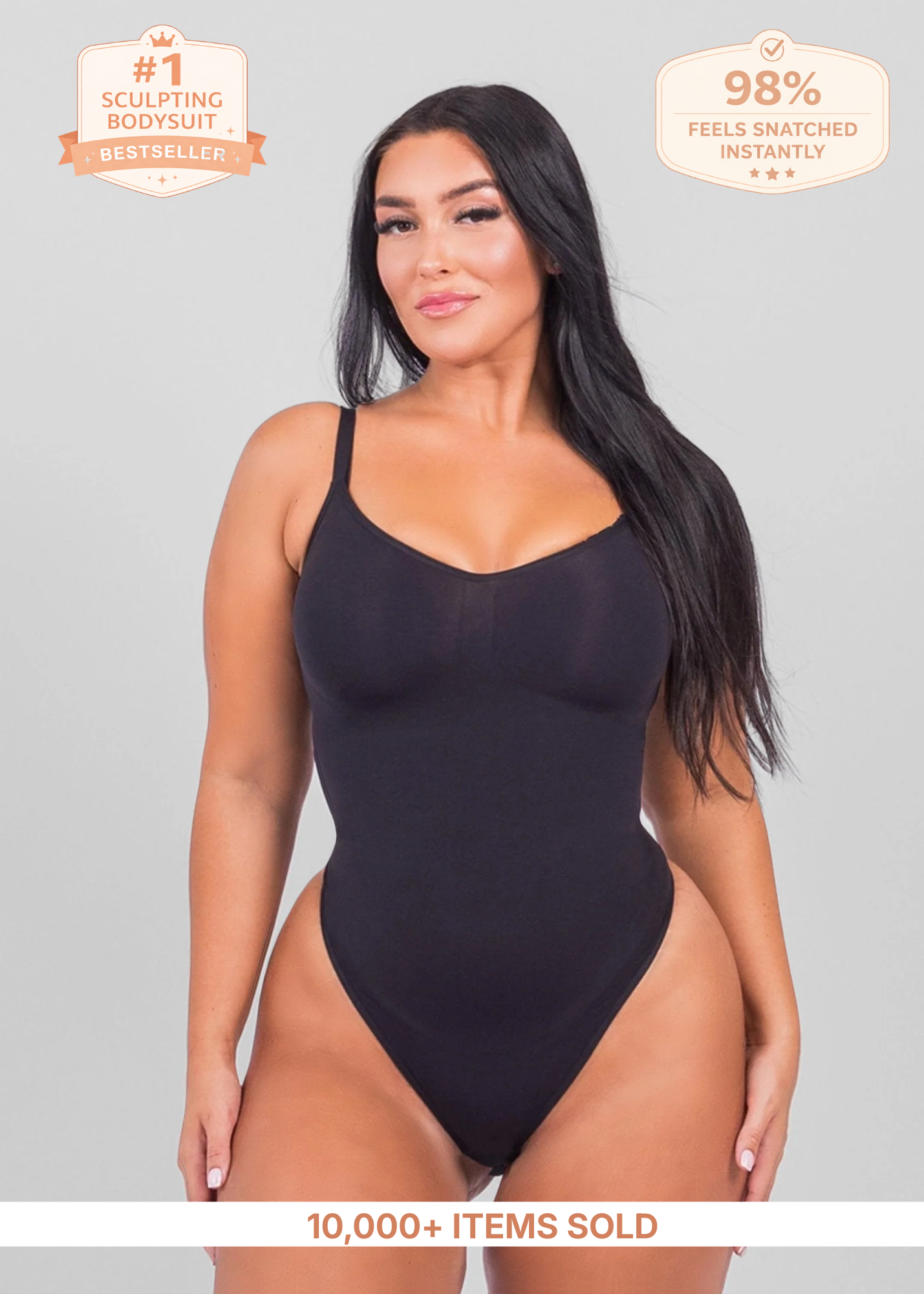 Woman wearing a black bodysuit with promotional text on a gray background