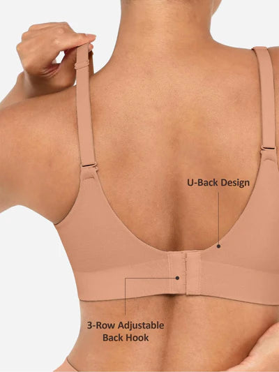 Beige bra with U-back design and 3-row adjustable back hook on a neutral background