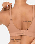 Beige bra with U-back design and 3-row adjustable back hook on a neutral background