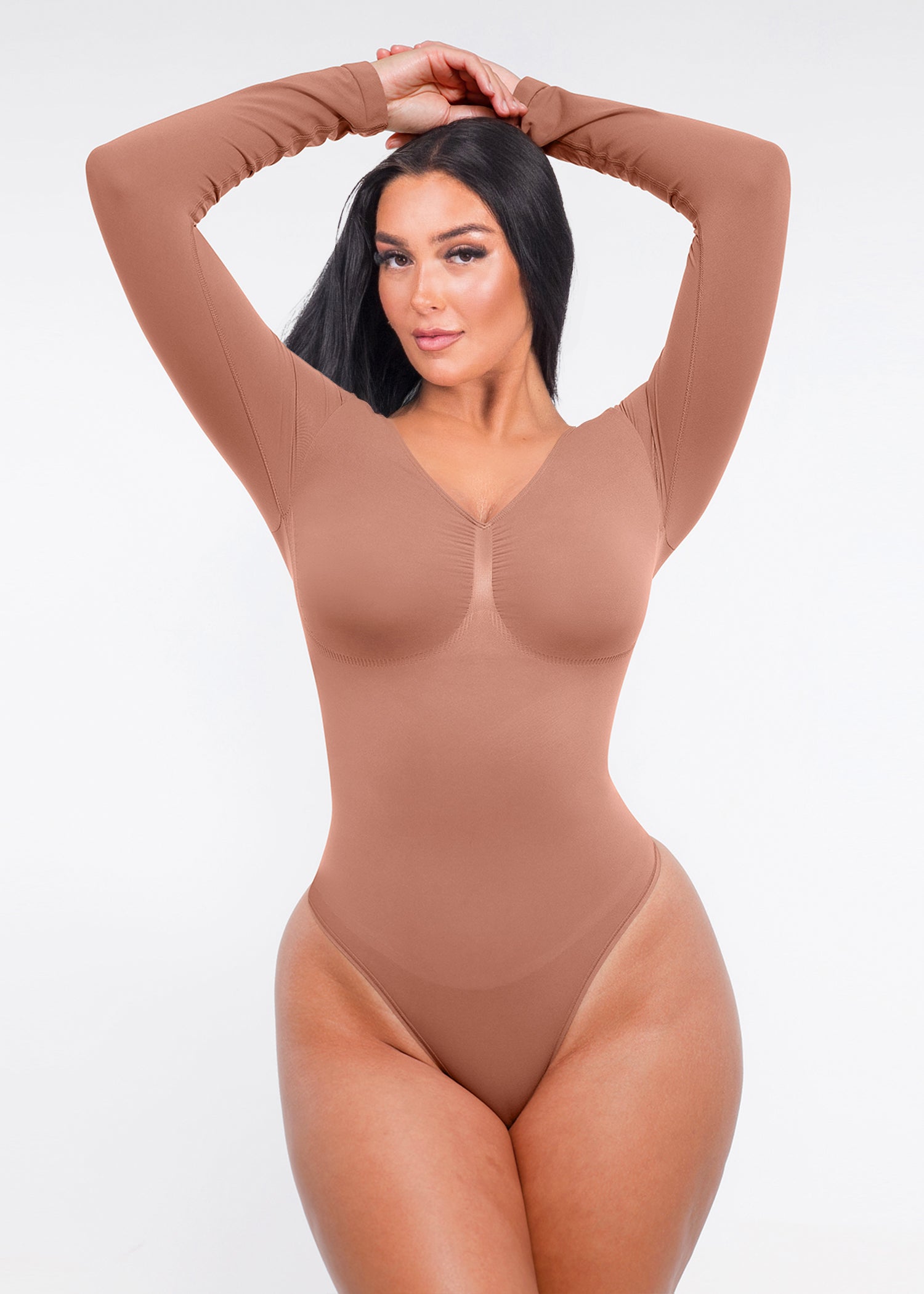 Marcella - Seamless Long Sleeve Thong Bodysuit with Chest Support &amp; Tummy Control
