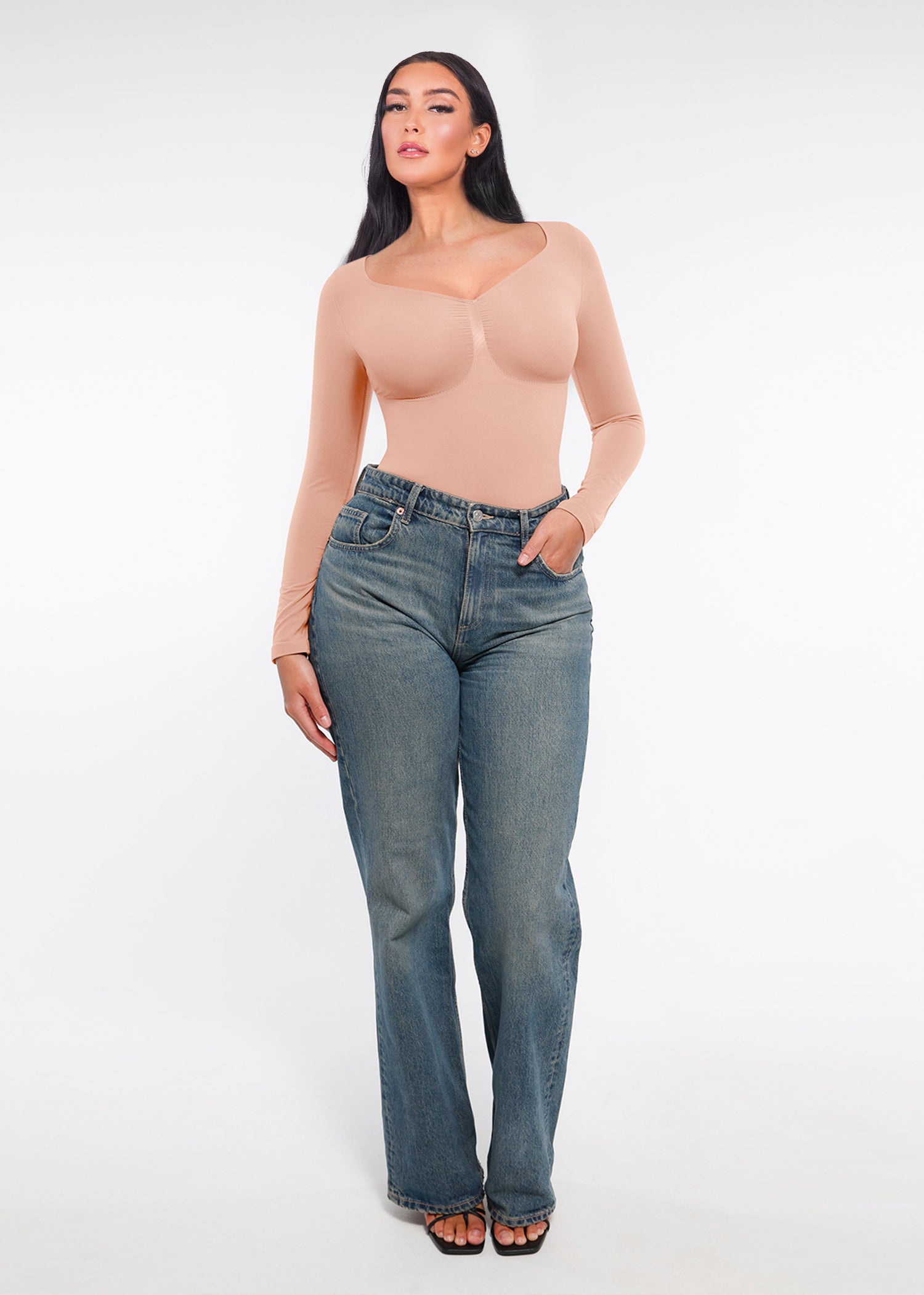Marcella - Seamless Long Sleeve Thong Bodysuit with Chest Support &amp; Tummy Control