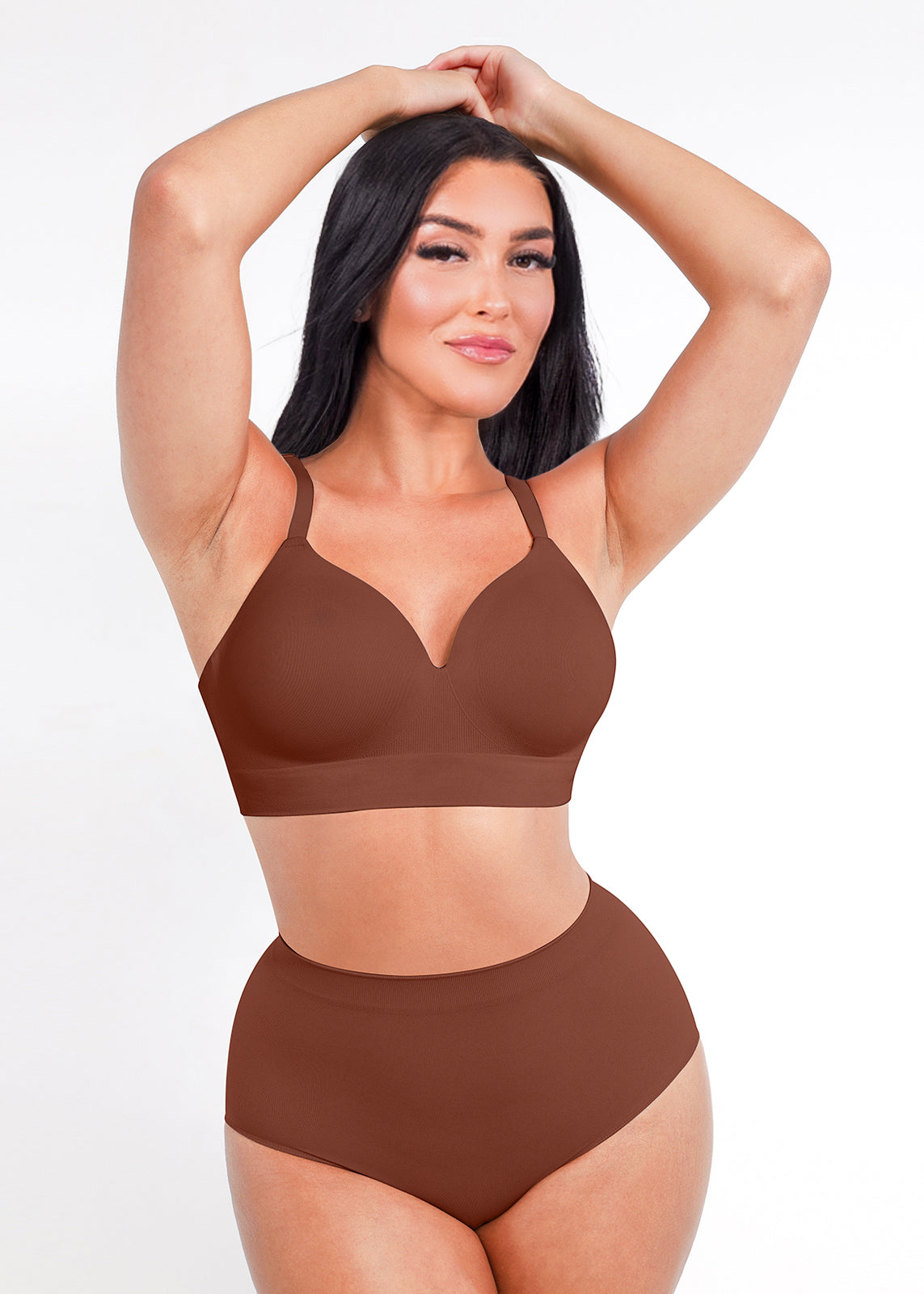 Woman wearing a brown bikini set on a white background
