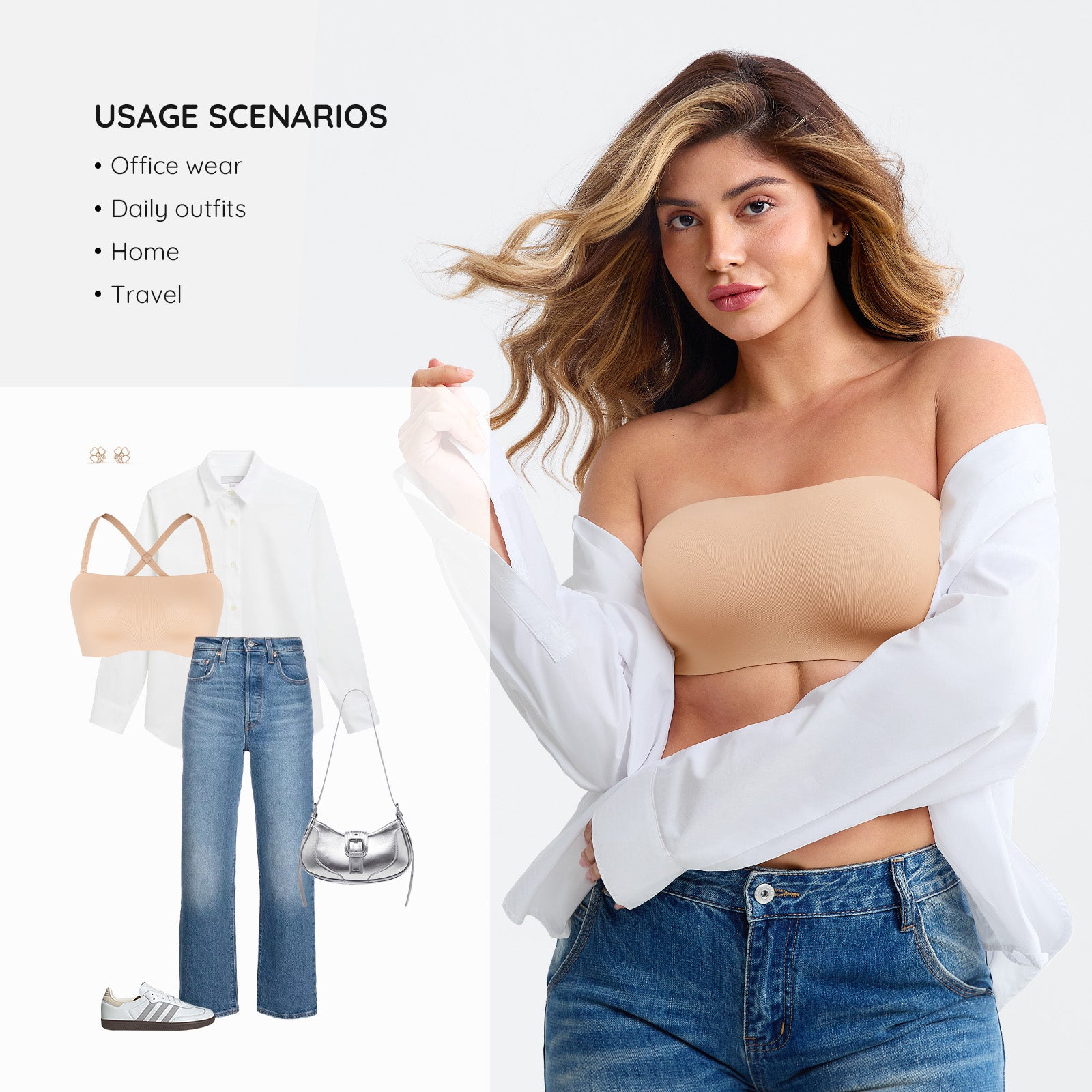 Woman wearing a beige top and blue jeans with fashion items displayed below.