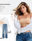 Woman wearing a beige top and blue jeans with fashion items displayed below.