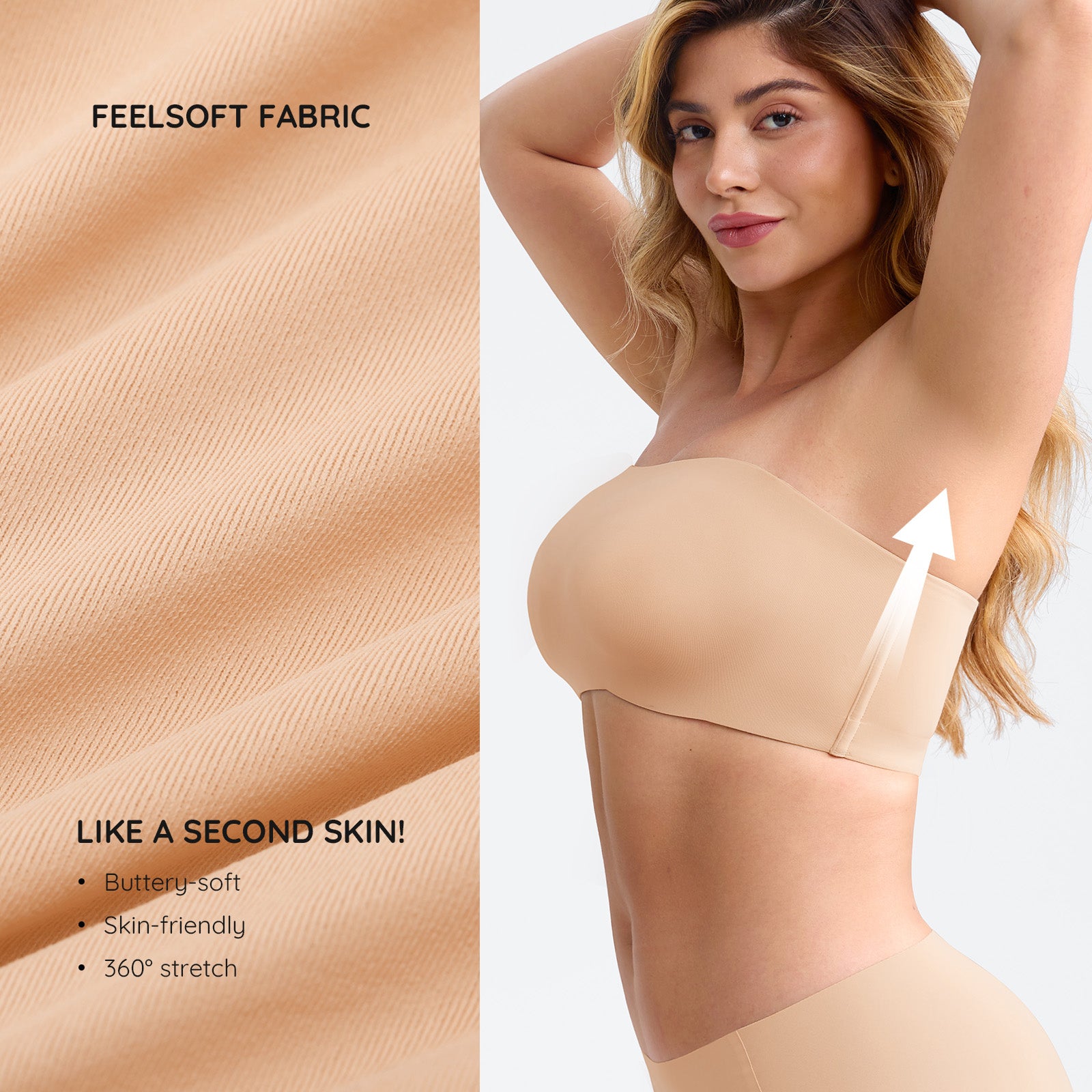 Woman wearing a beige shapewear product with 'Feelsoft Fabric' text and features on a plain background.