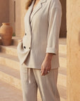 Women’s 2-Piece Elegant Crinkle Blazer & Wide-Leg Pants Set