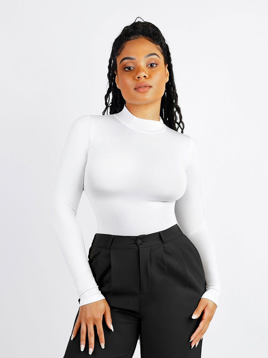 Rosina - Eco - friendly Seamless Thong Bodysuit with Long Sleeves &amp; Turtle Neck - Bella Fit USWhiteXS/S