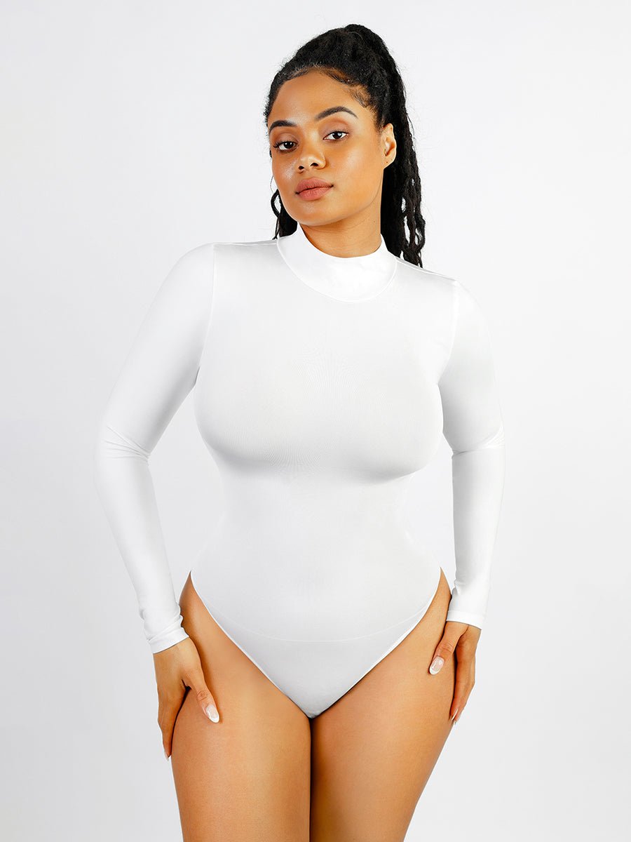 Rosina - Eco - friendly Seamless Thong Bodysuit with Long Sleeves & Turtle Neck - Bella Fit USWhiteXS/S