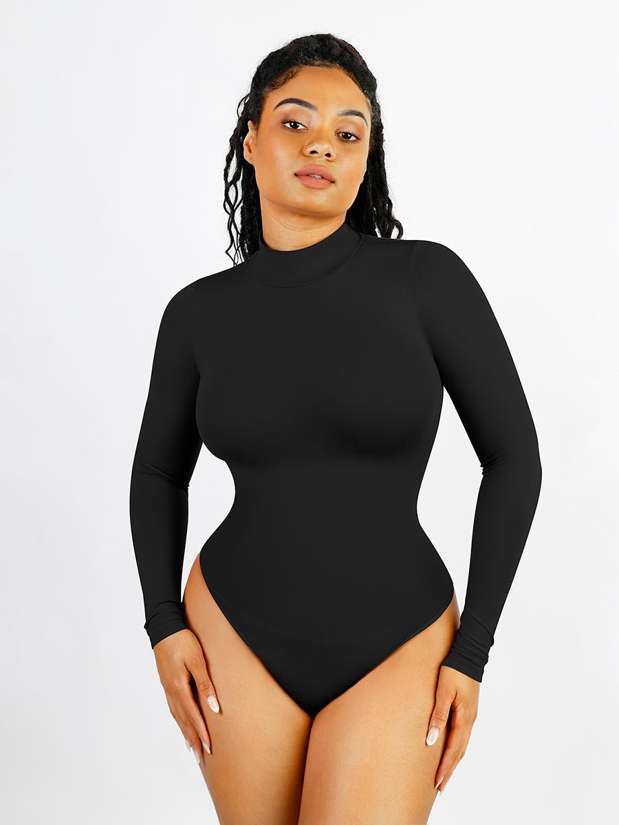 Rosina - Eco - friendly Seamless Thong Bodysuit with Long Sleeves & Turtle Neck - Bella Fit USBlackXS/S